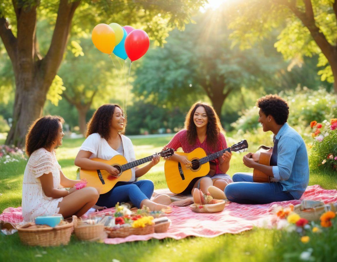 A vibrant scene of diverse friends joyfully interacting in a lush park, surrounded by colorful flowers and trees, sharing laughter and warm embraces. Include playful elements like picnic baskets, a guitar, and balloons to symbolize happiness. The sunlight filters through the leaves, casting a cheerful glow on the group, showcasing the warmth of friendship. super-realistic. vibrant colors. sunny atmosphere.