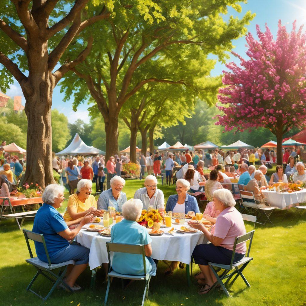 A diverse group of people, ranging from children to seniors, joyfully interacting in a sunlit park, sharing stories, laughter, and food at a colorful picnic. Surrounding them are blooming flowers and trees, symbolizing growth and connection. In the background, a vibrant community center with banners celebrating togetherness. super-realistic. vibrant colors. peaceful atmosphere.
