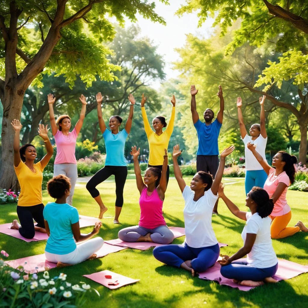 A bright and uplifting scene depicting a diverse group of people engaged in joyful activities together, like yoga, art, and laughter in a lush park. Incorporate elements of nature, such as blooming flowers and sunlight filtering through leafy trees, to evoke a sense of wellness and community. Include subtle symbols of support, like hands giving high-fives and people sharing smiles. vibrant colors. 3D.